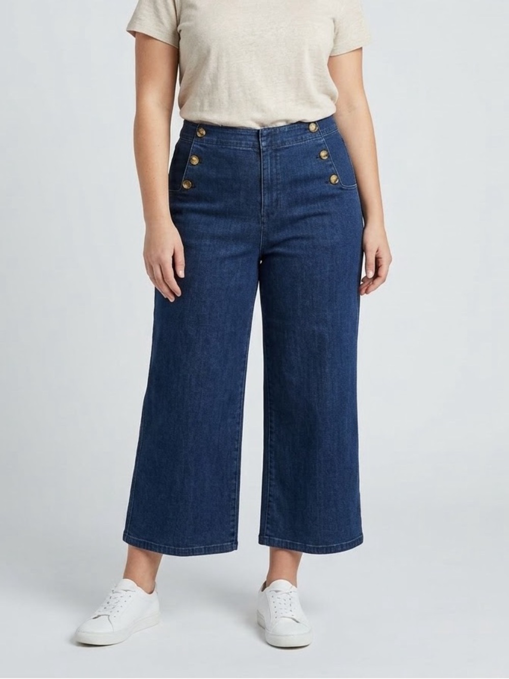 Ann Taylor Dark Blue Wide-Leg Sailor Jeans with Tortoise Shell Buttons